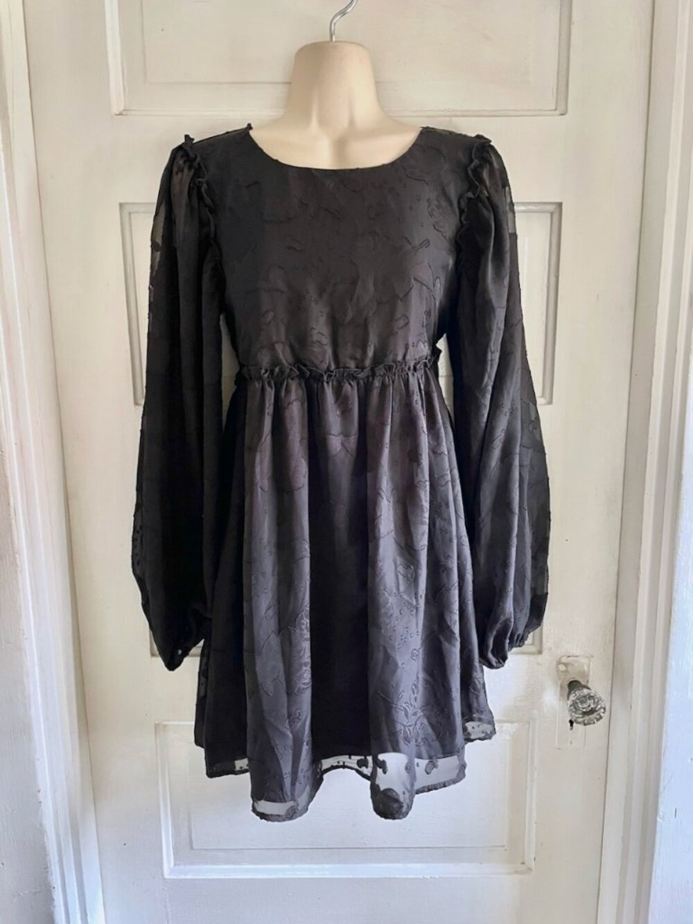 Francesca's Mi Ami Black Embroidered Babydoll Puff Cottagecore Mini Dress S